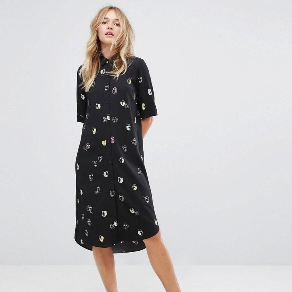 Monki Face Print Black Midi Shirt Dress
